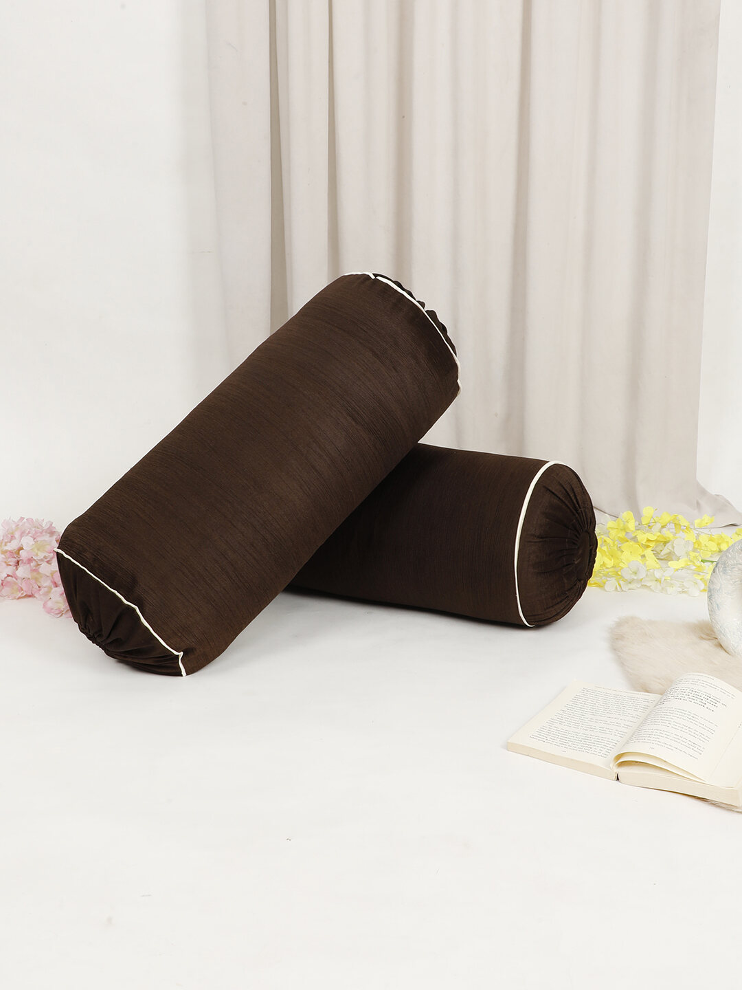 Set of 2 pcs decorative Piping work pure mercerized fabric solid design bolster cover/ load cover set