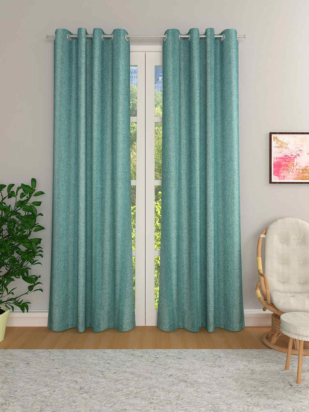 Set of 2 Premium jute natural feel fabric solid yarn weaved parda room darkening eyelet curtain