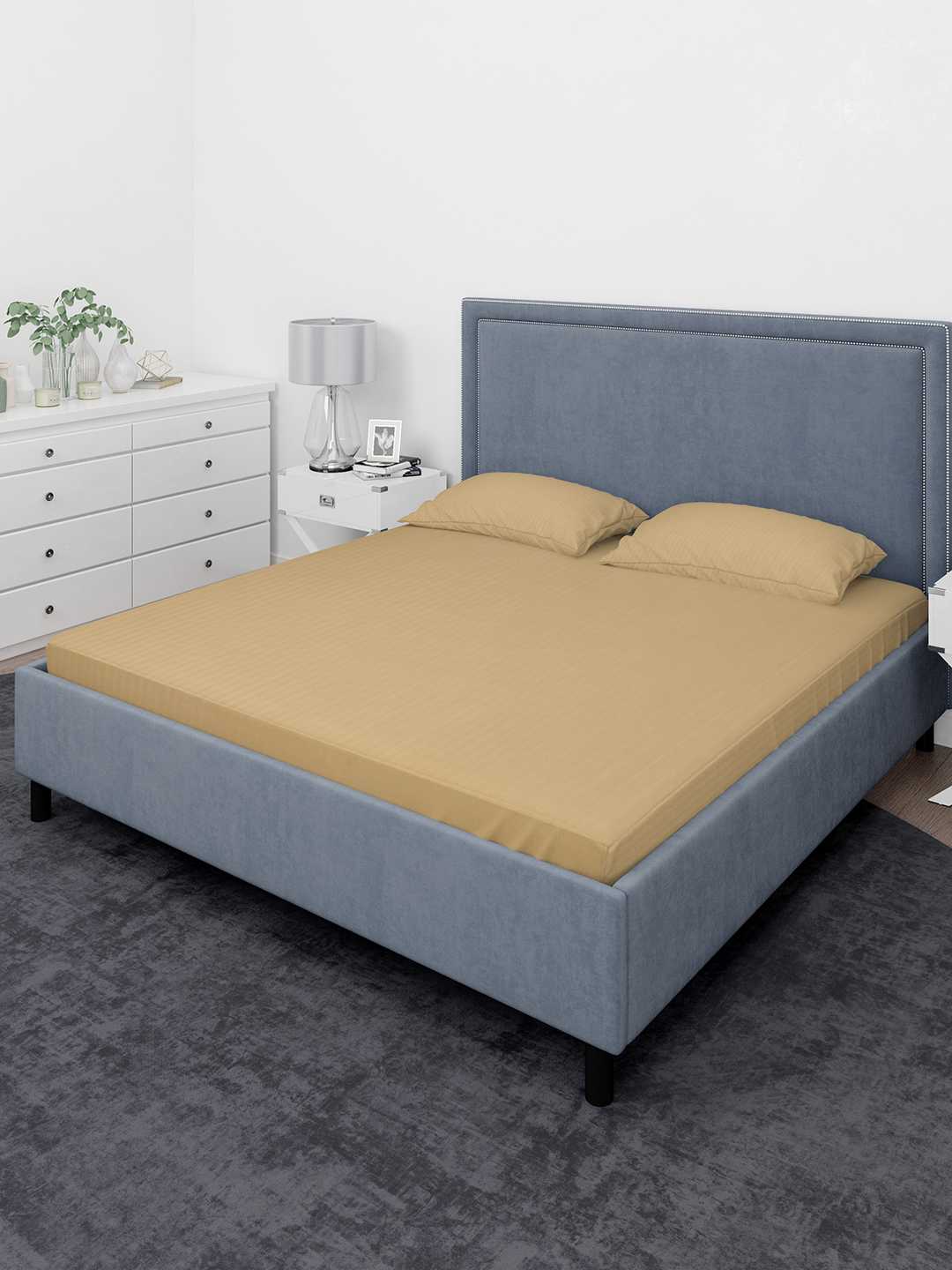 Premium mercerized cotton Satin Stripes, 210 TC soft feel solid beige color, 1 Bedsheet with 2 pillow cover (90 IN x100 IN)