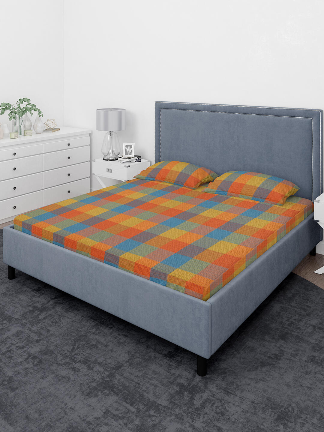 Premium Pure Cotton Check Design Bedsheet Cum Bed Cover Set, 1 Bedsheet with 2 Pillow Cover (90 IN x 100 IN)