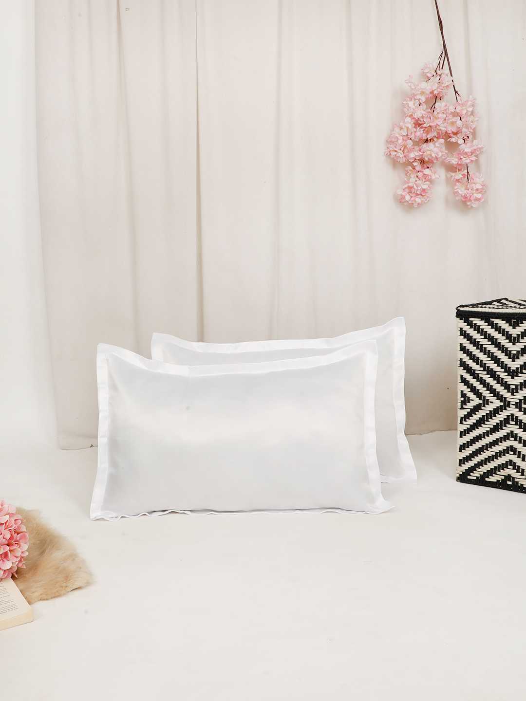 Pure mercerized premium Silky Satin with Flange border solid design White color pillow cover - 17"x27"